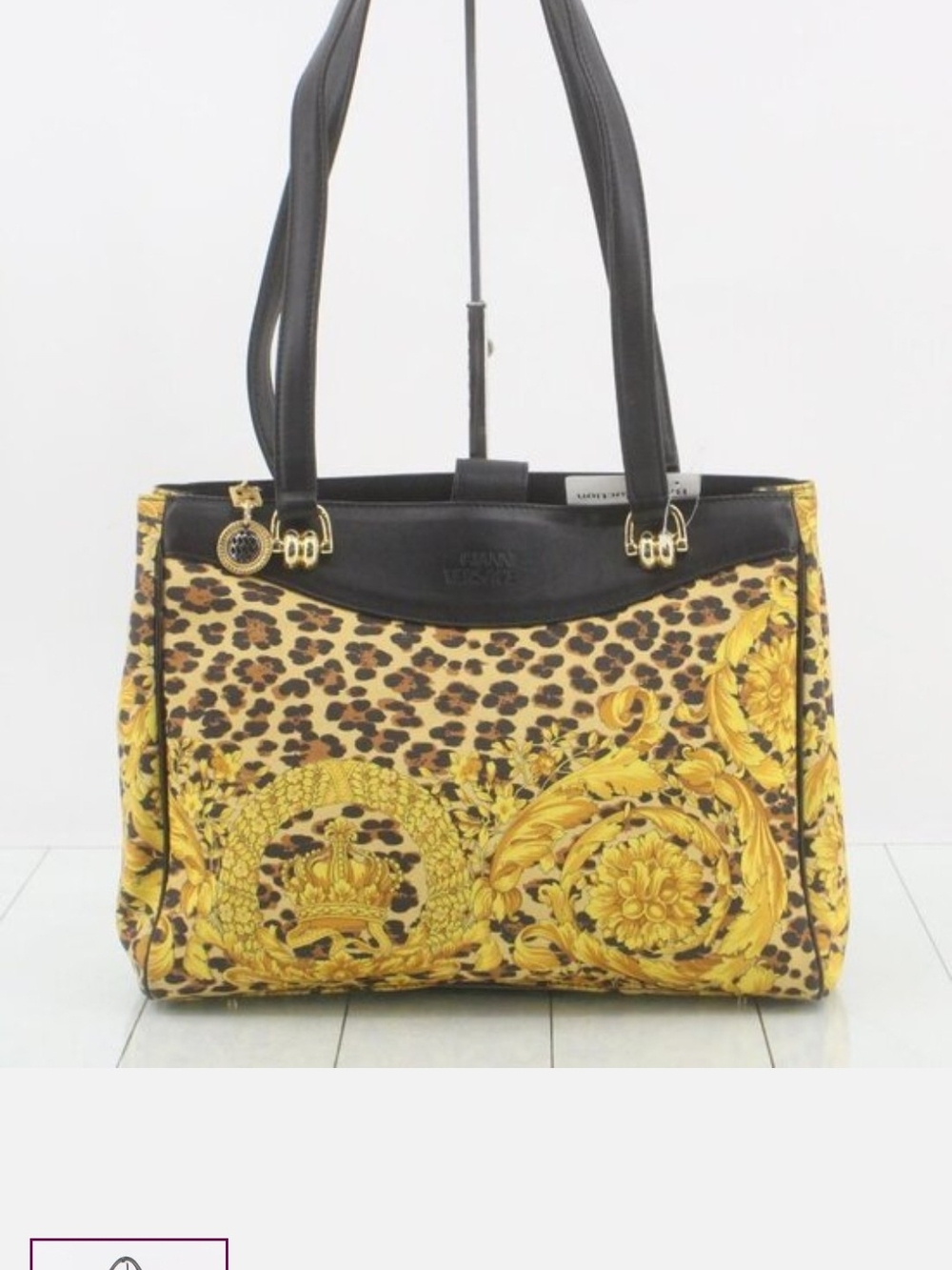 Gianni Versace Baroque Leopard Print Tote Bag in Black and Gold